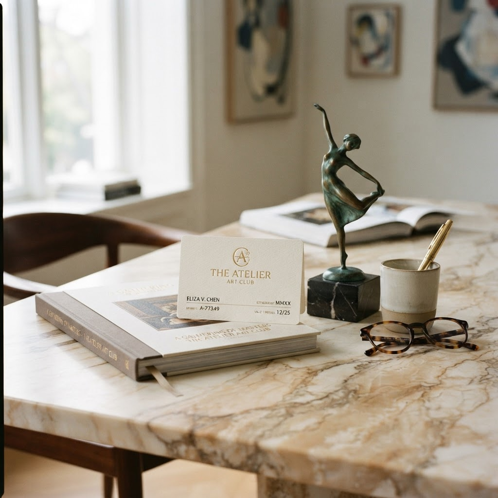 An elegant art club membership card and catalogue on a warm marble table