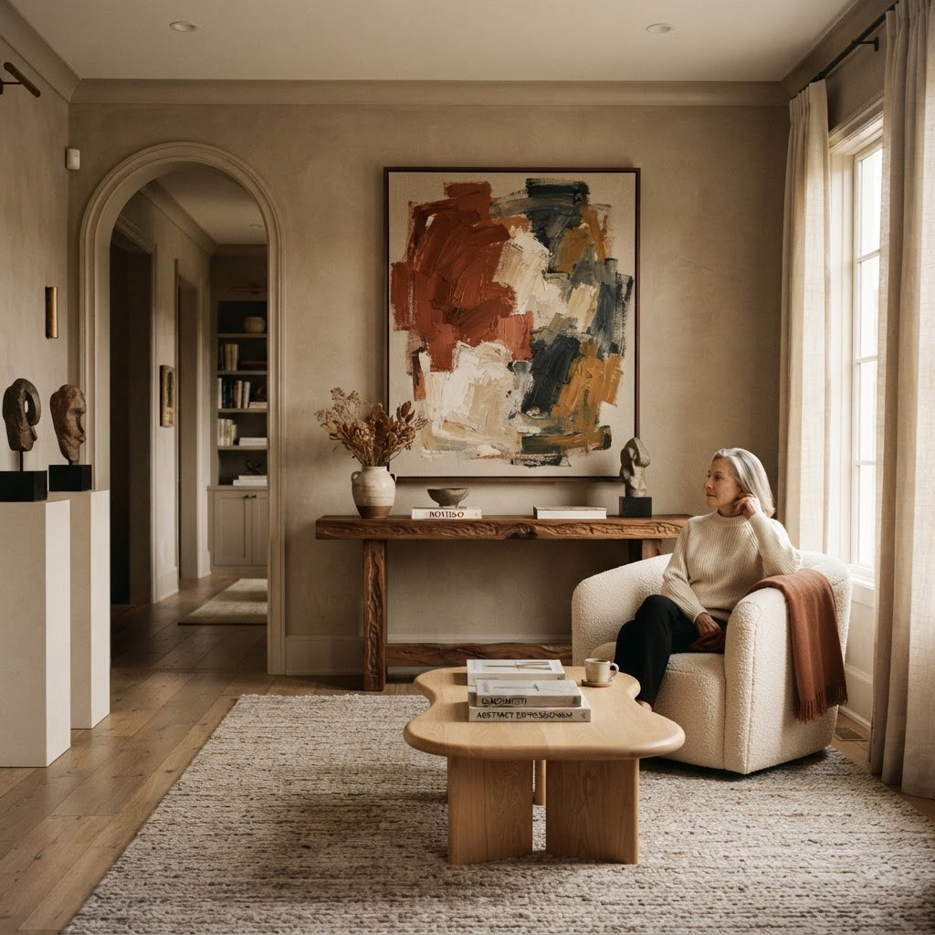 A refined private art collection displayed in an elegant home viewing room