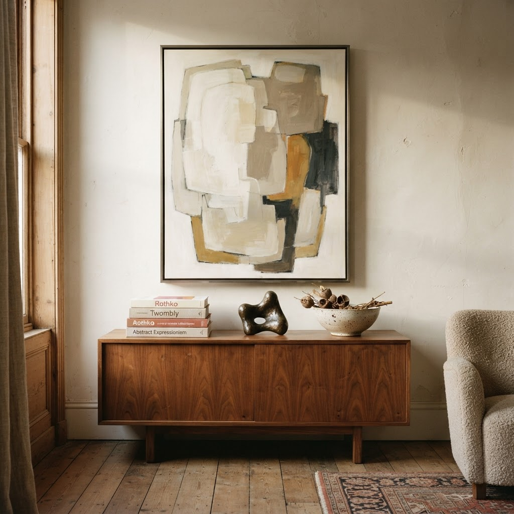 A collector's living room with a large abstract painting hanging above a walnut sideboard