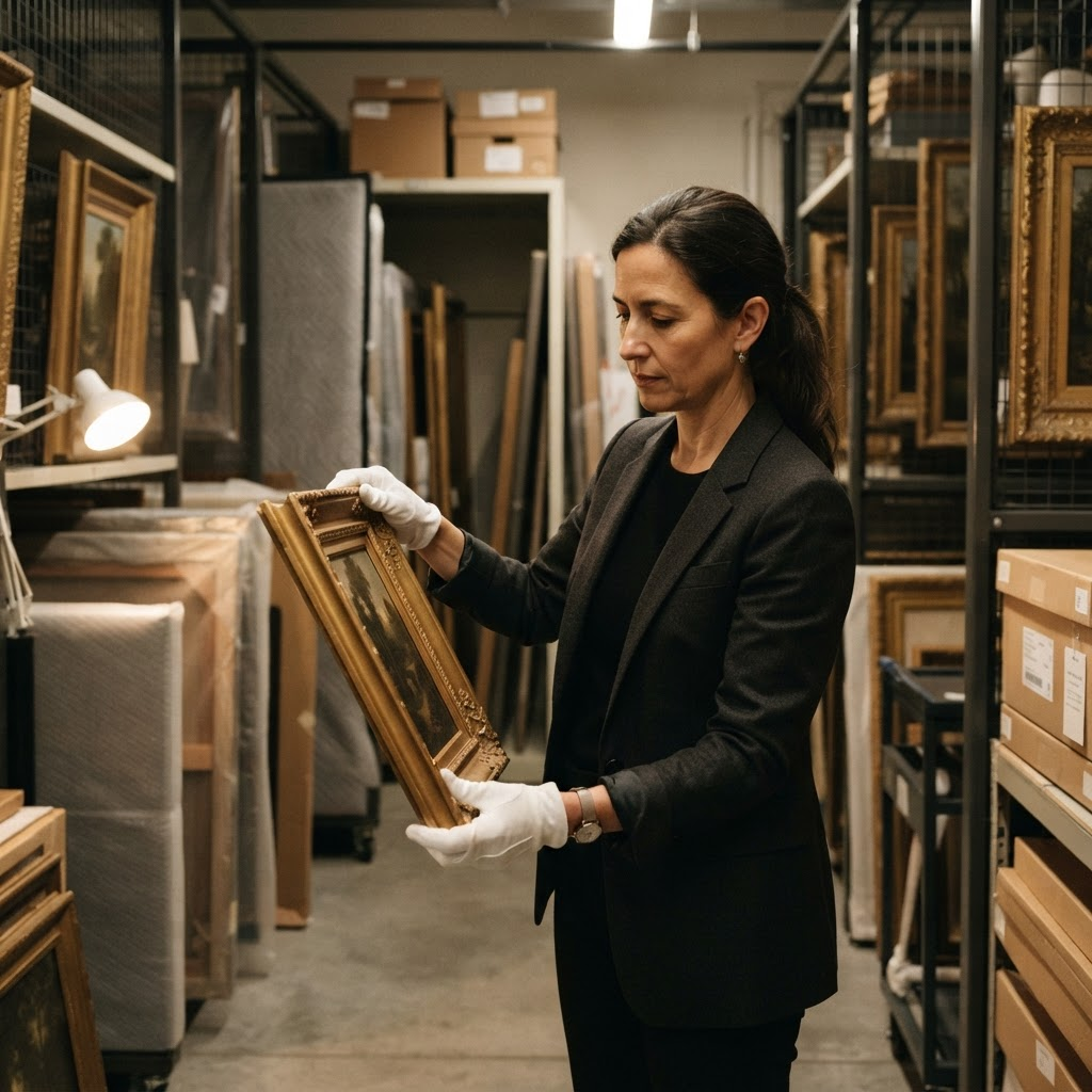A curator handling a framed artwork with white gloves in a private collection store