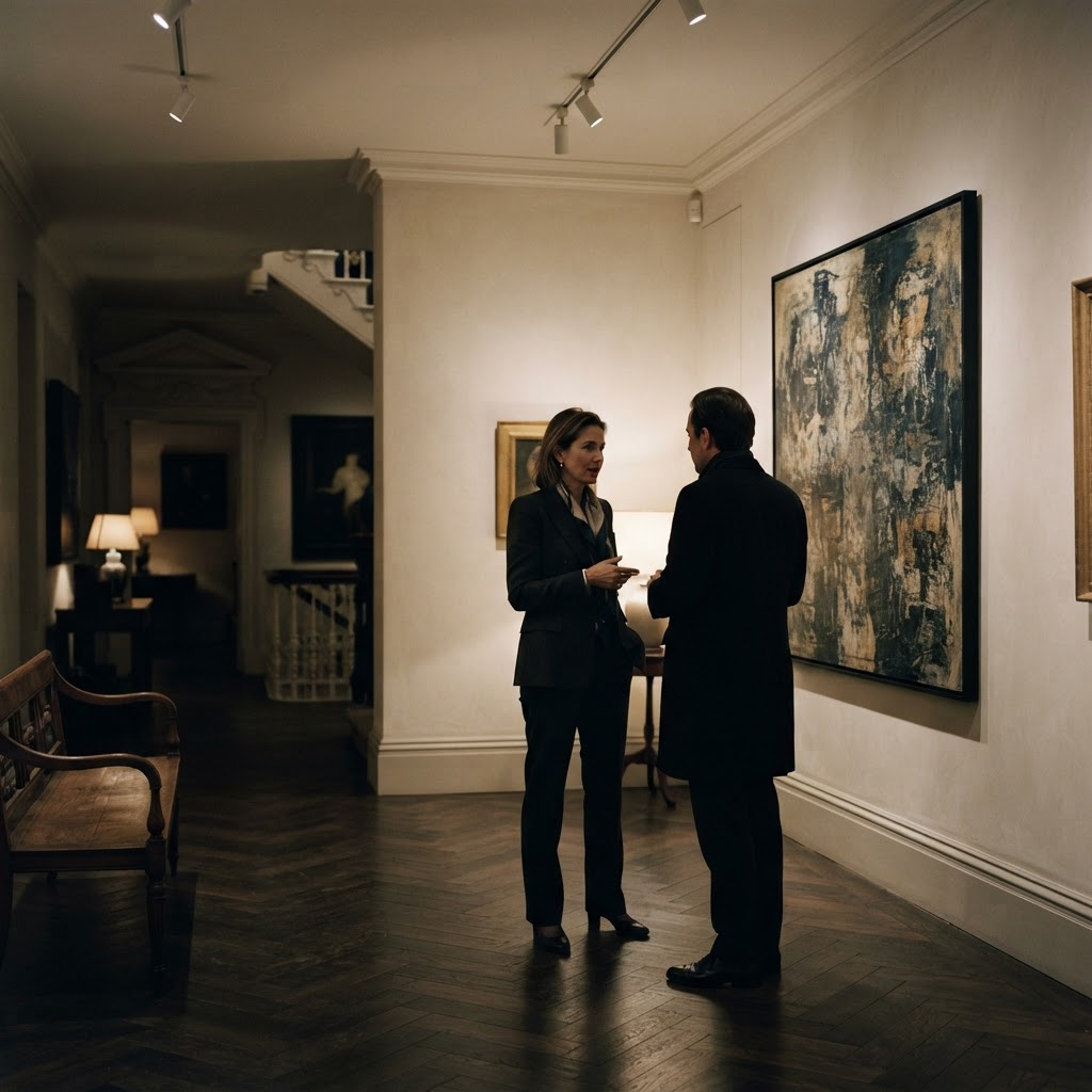 Two collectors talking quietly beside a hung artwork