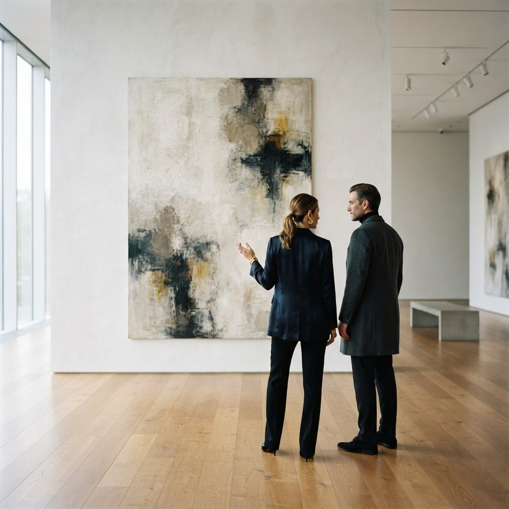 Two collectors in conversation in front of a large abstract painting