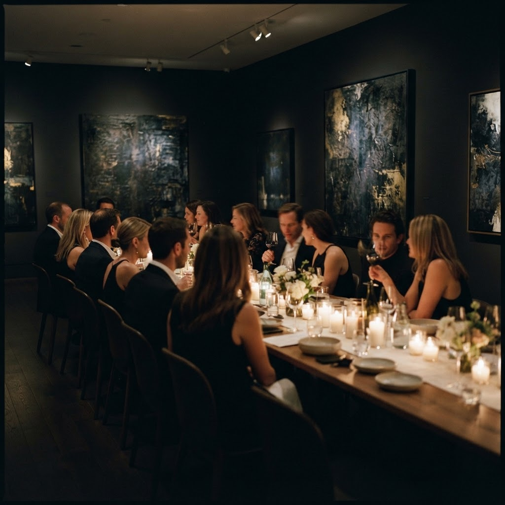 Guests in conversation around a candlelit table at a private collector dinner