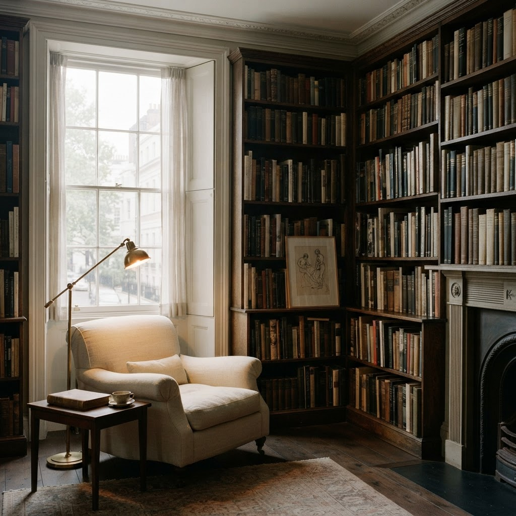 The members' library with shelves of art reference books and a reading chair