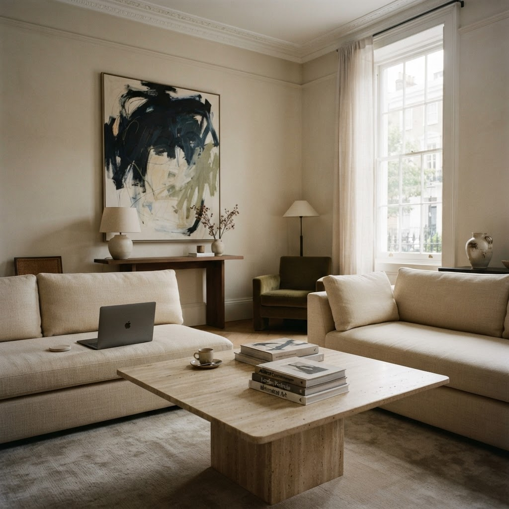 The members' room with low sofas, art books and afternoon light