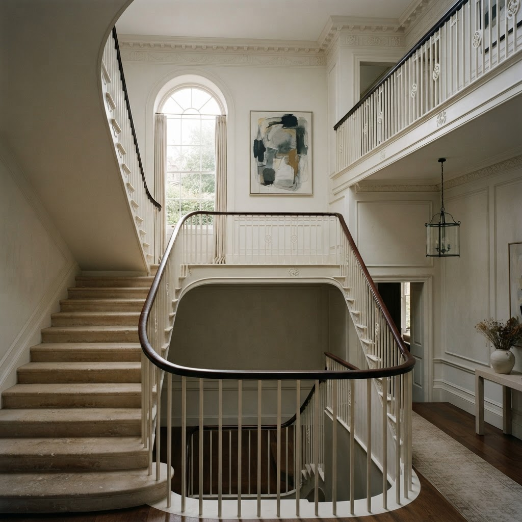 The staircase of Artscapy House with a painting hung on the half landing