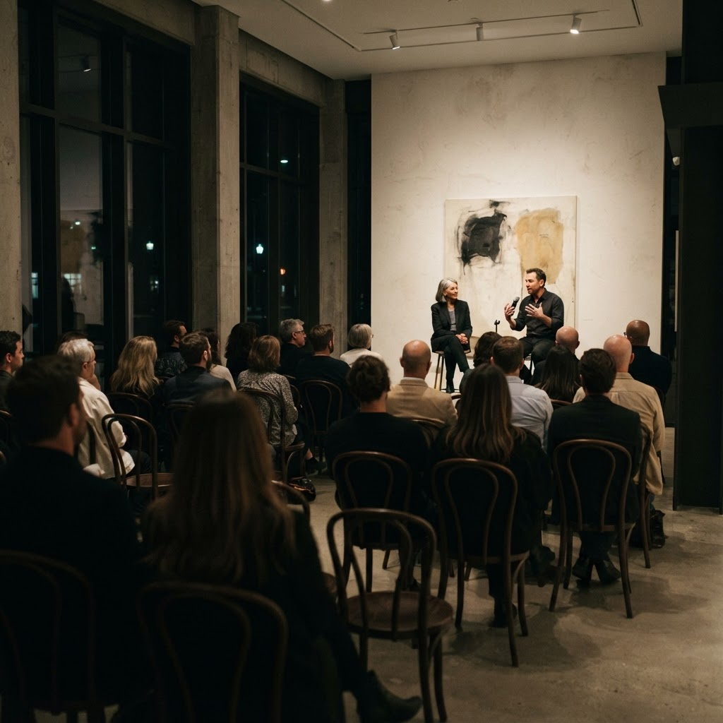 An audience seated for an artist talk in the gallery