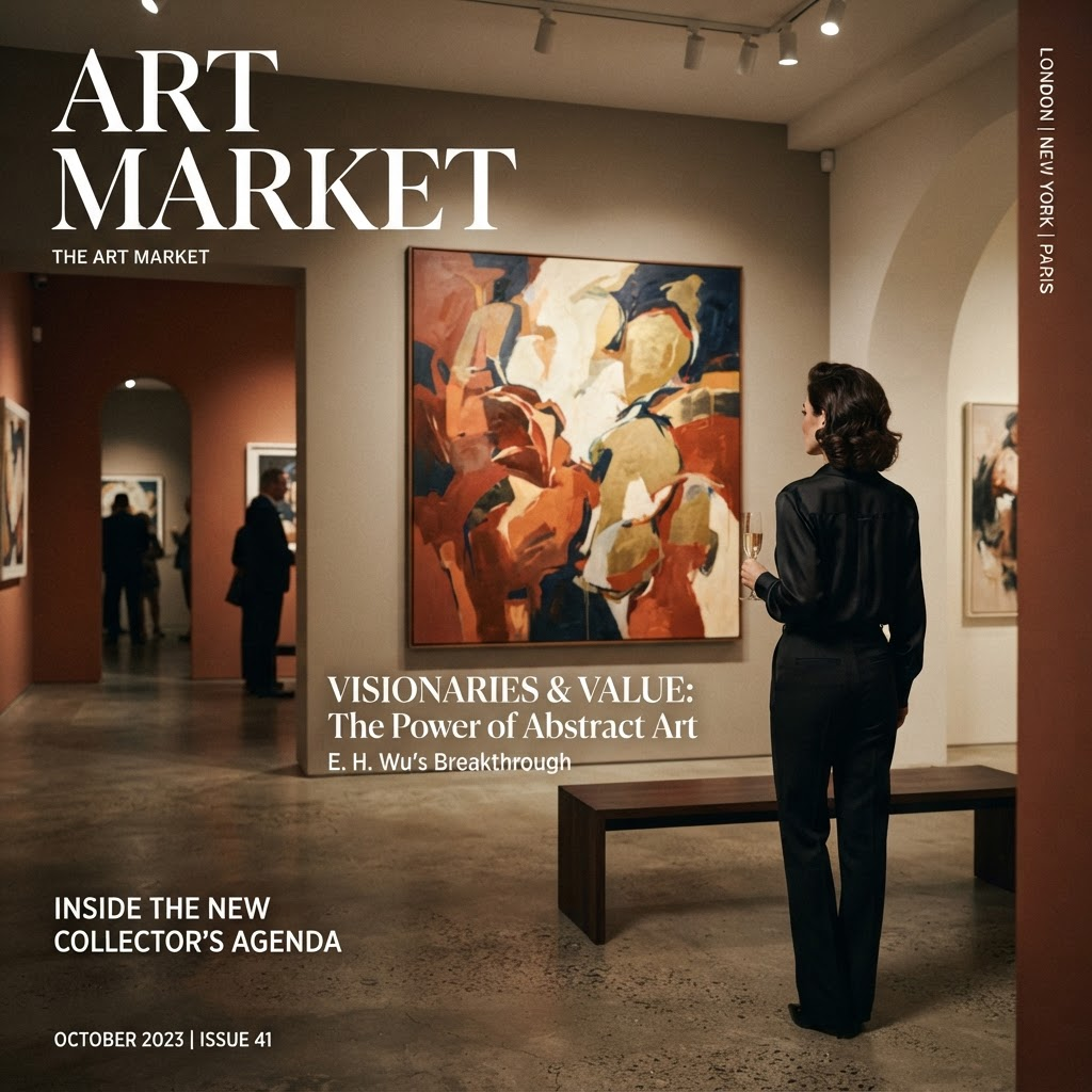 A collector viewing a large abstract painting in a contemporary gallery