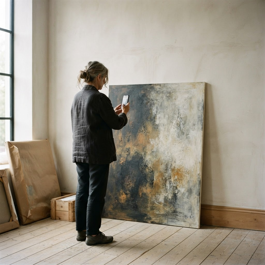 A collector in a sunlit room photographing a detail of a large unframed canvas resting against the wall, with wrapped works waiting nearby