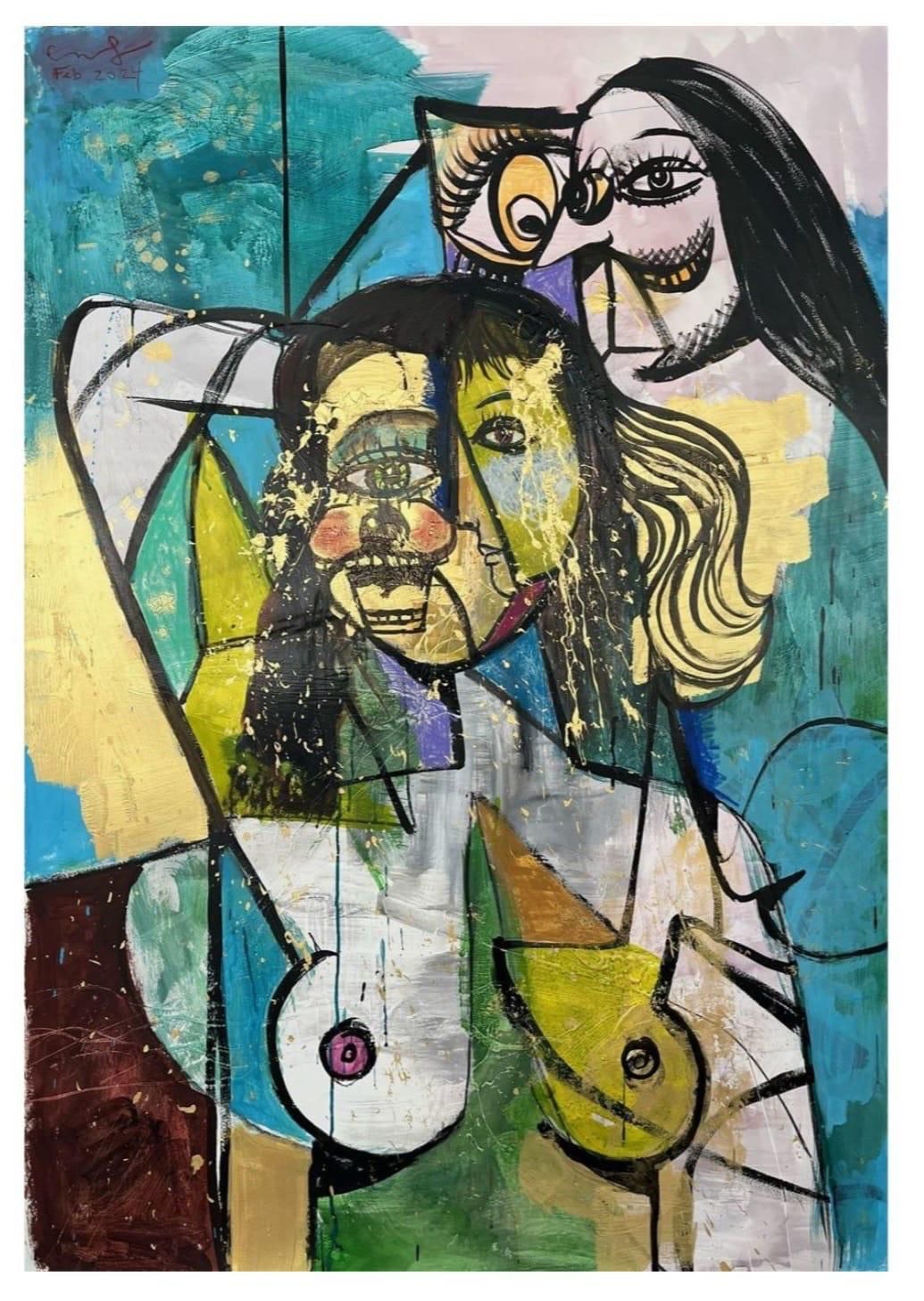 A cubist-inspired painting of entwined figures in teal, ochre and yellow