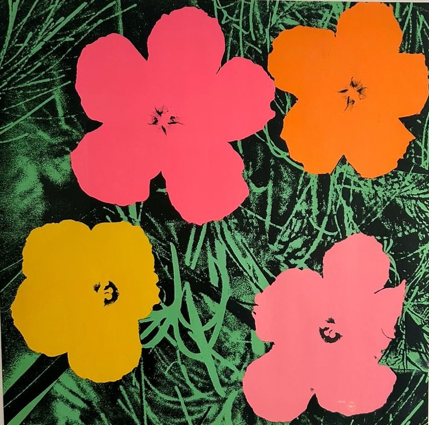 A loosely painted still life of pale flowers in a glass vessel