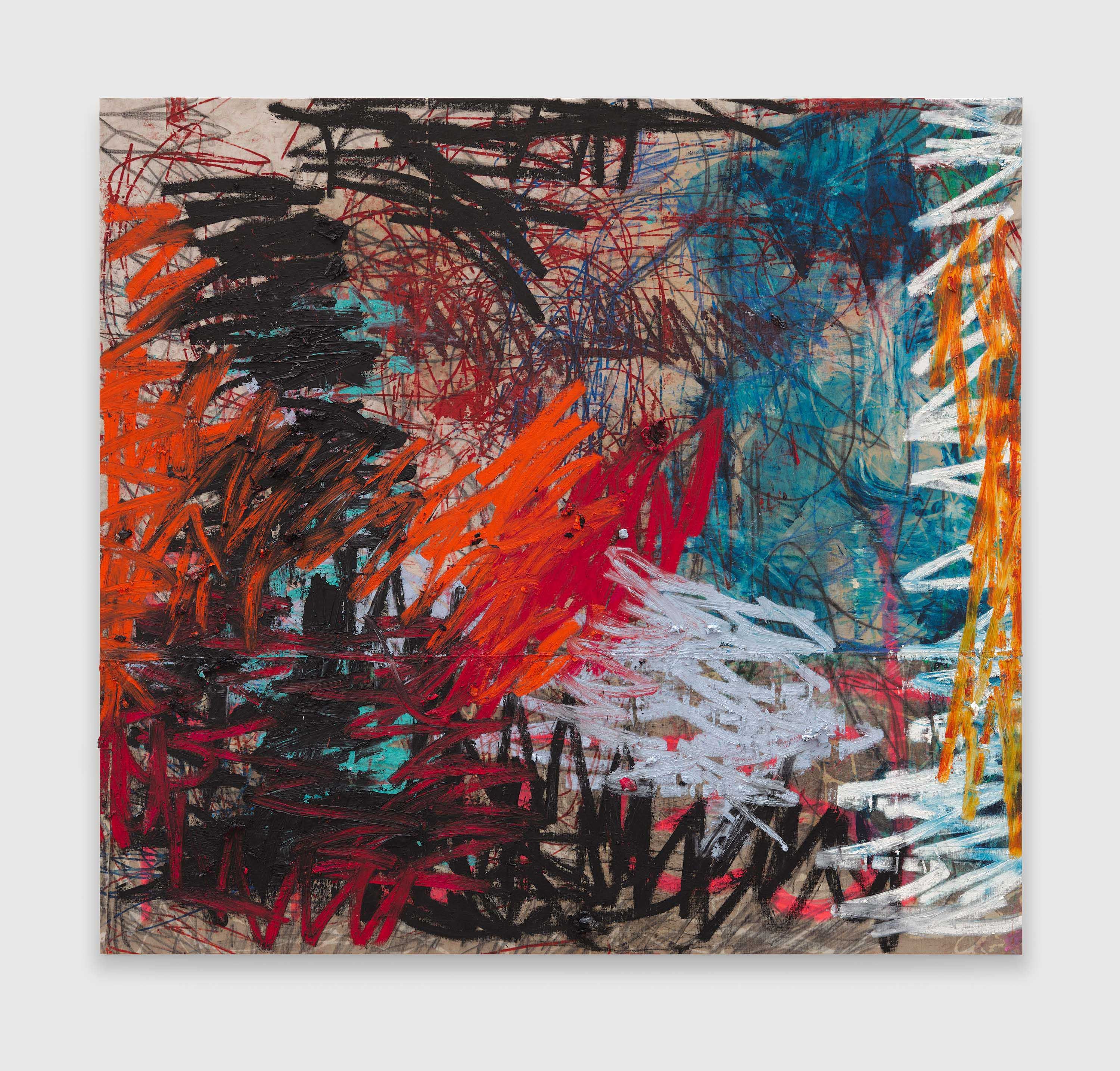 A large abstract painting of orange, black and teal strokes on raw linen, installed on a gallery wall