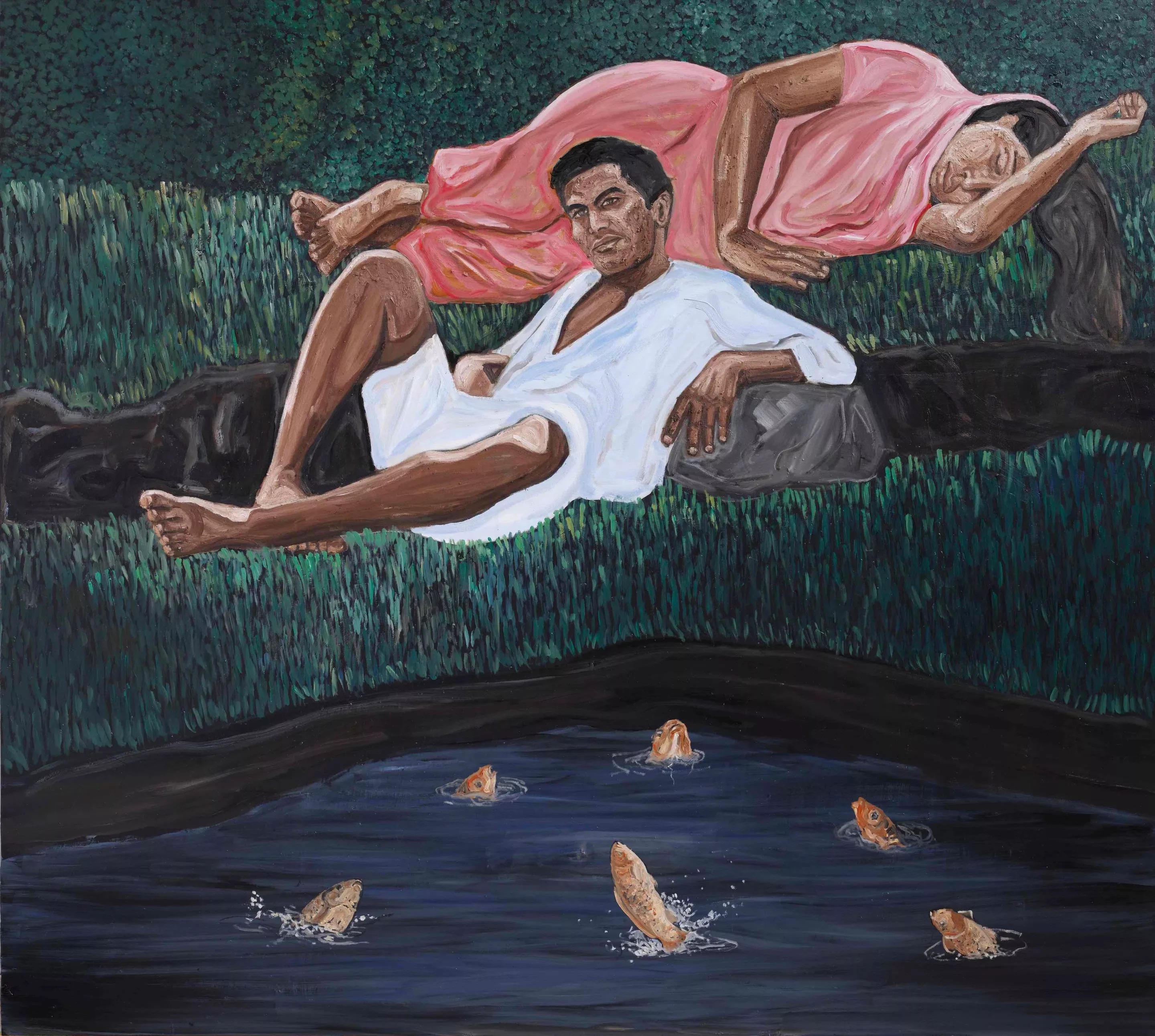 A painting of two figures reclining on a moonlit bank above dark water