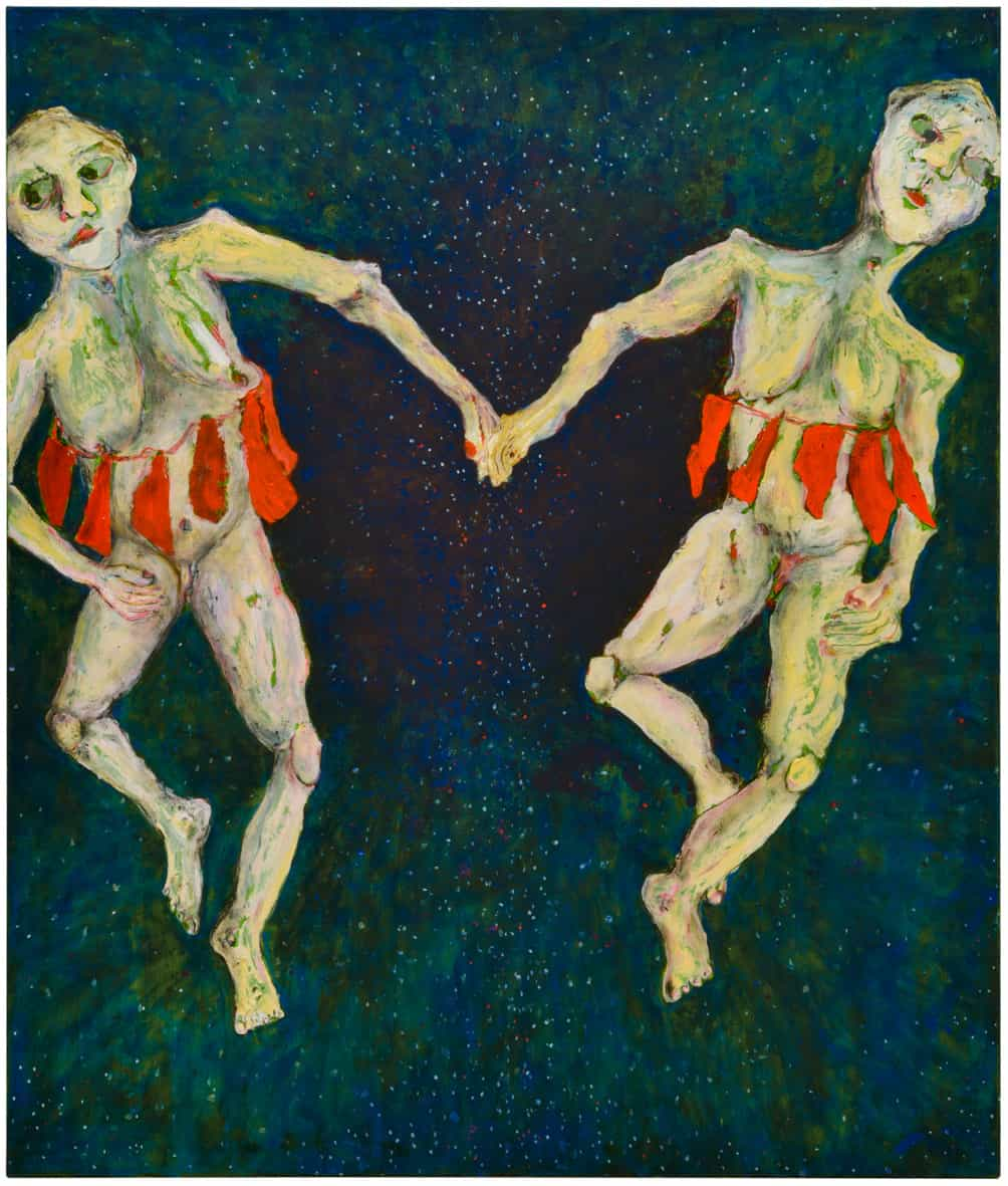 A painting of two figures reaching towards each other across a starlit field