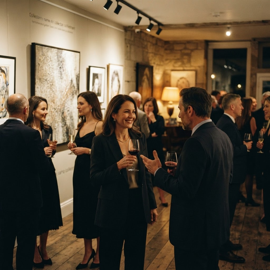 Collectors in conversation around an artwork during an evening private view