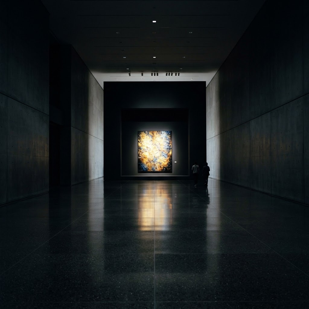 A single illuminated artwork at the end of a darkened gallery hall