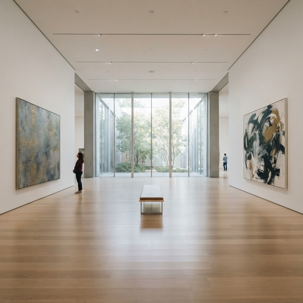 The interior of Artscapy House with artworks hung in a naturally lit gallery