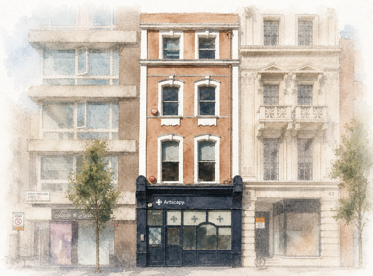 Pale watercolour illustration of the Artscapy House facade in Fitzrovia