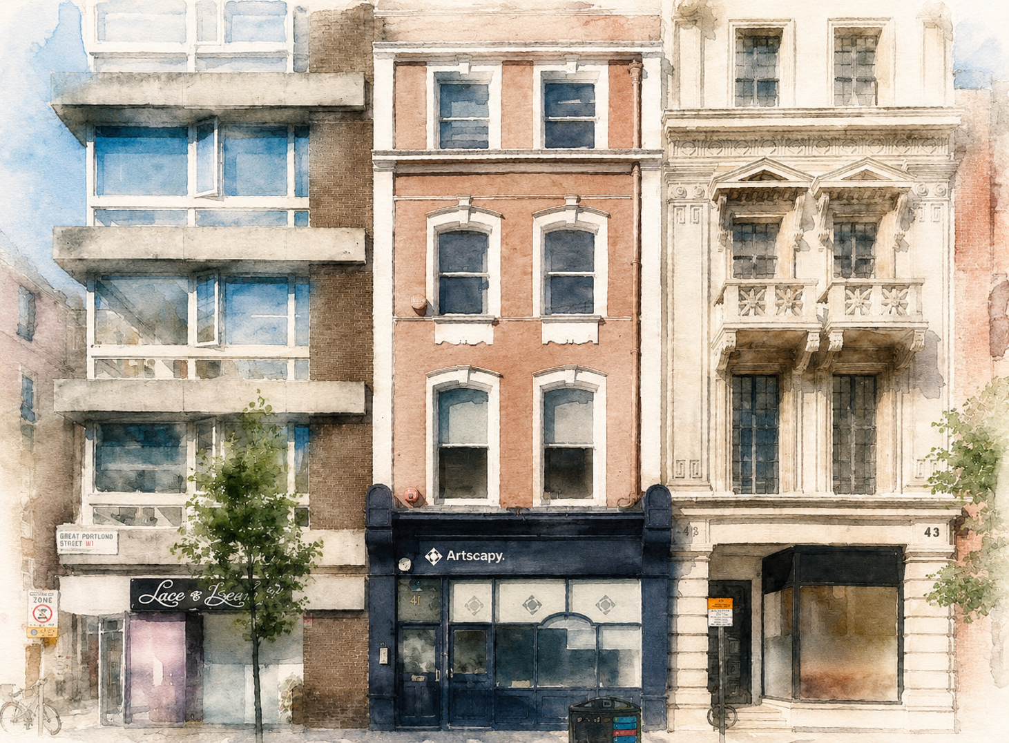 Watercolour illustration of Artscapy House, 41 Great Portland Street, Fitzrovia
