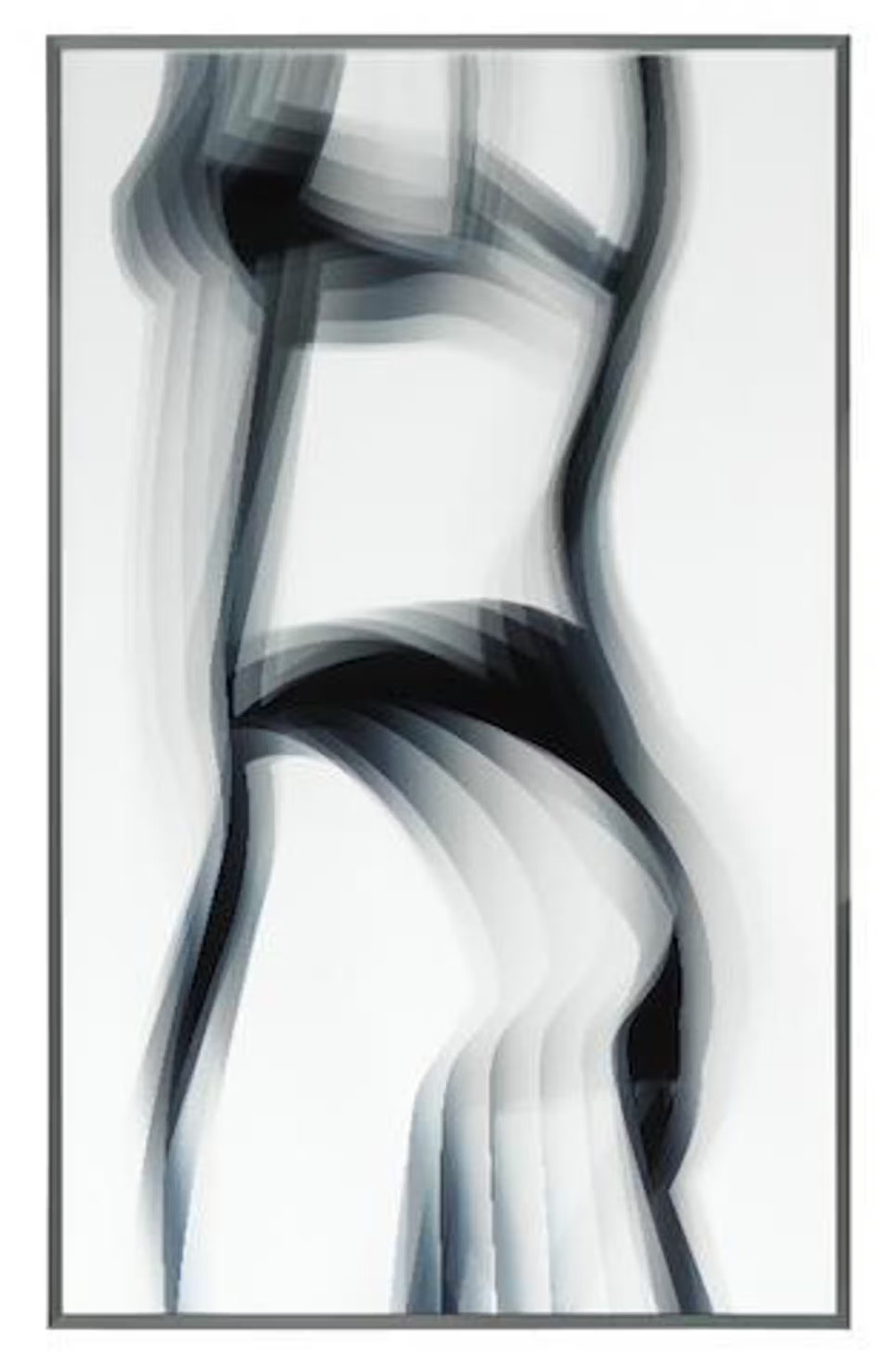 A framed monochrome abstract work of flowing black and grey bands