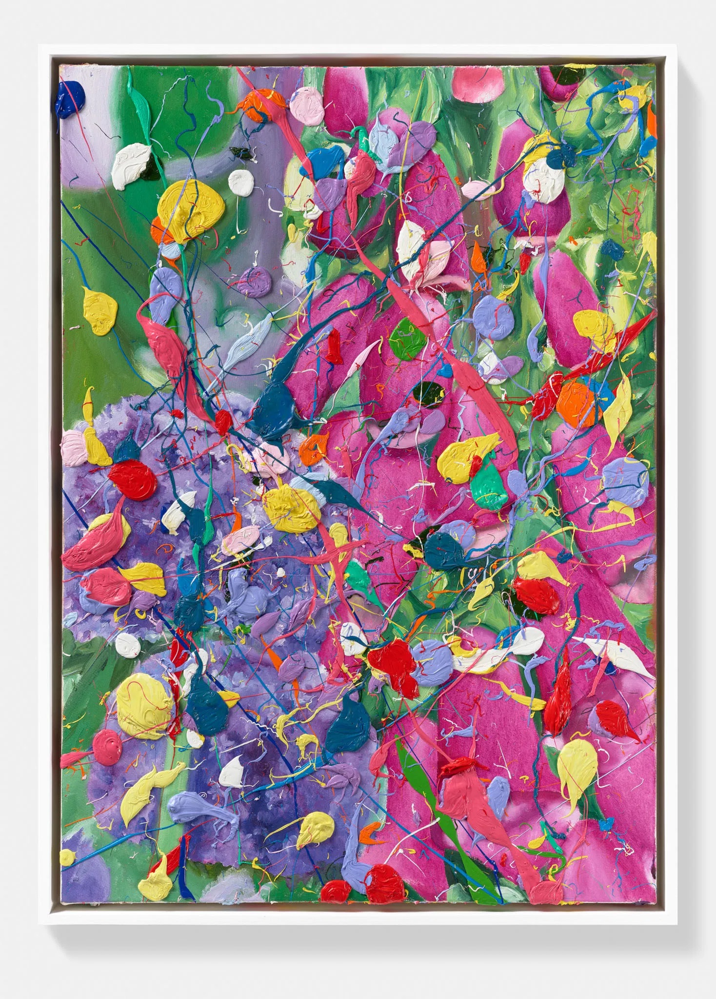 A vivid impasto abstract painting in a white tray frame, the leading lot of the inaugural sale
