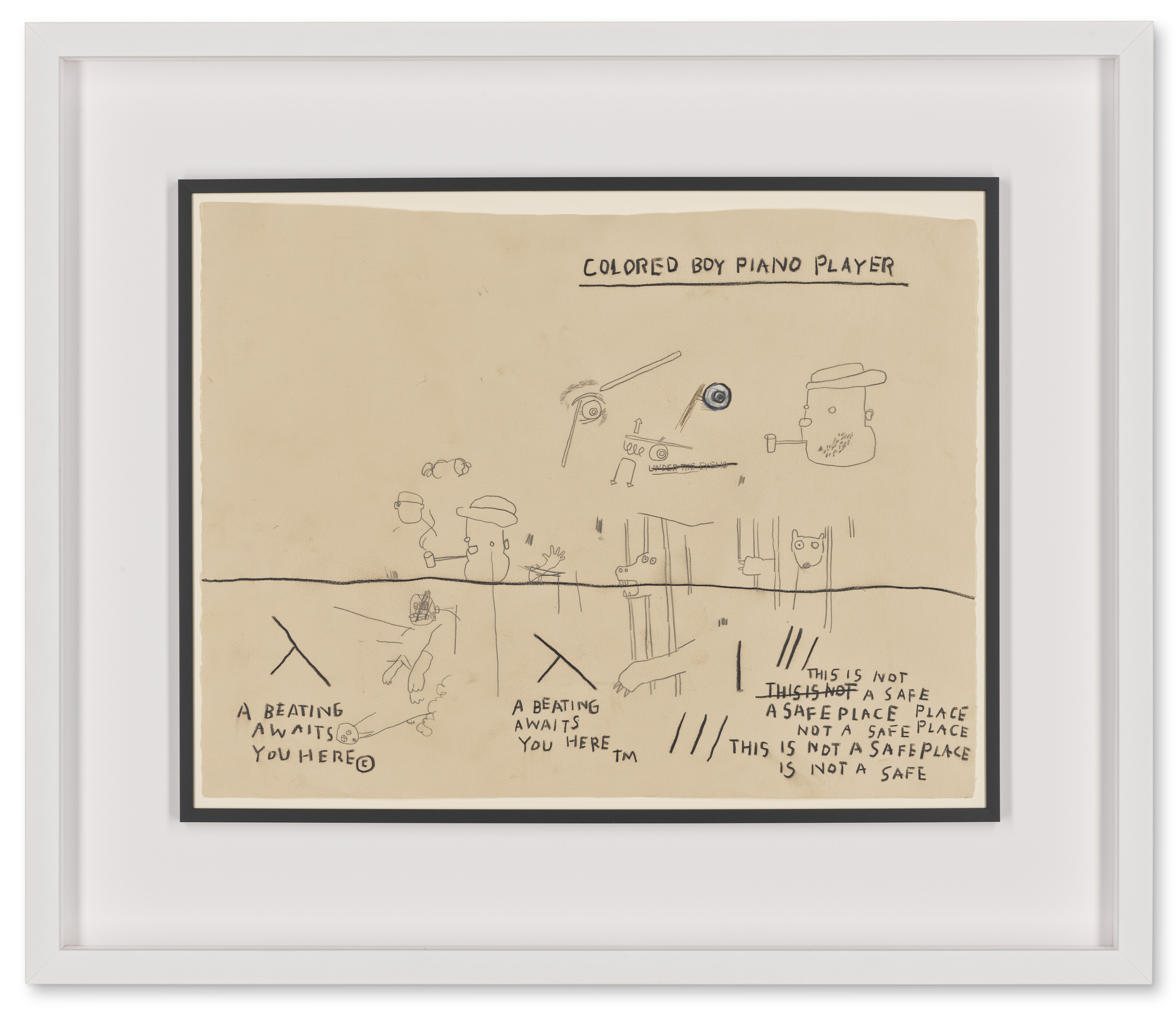A framed graphite drawing on cream paper being prepared for consignment