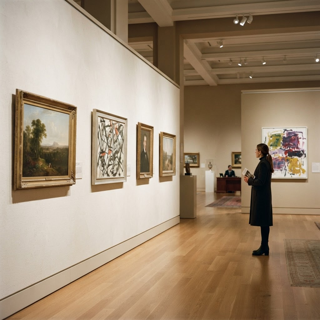 Specialists hanging and discussing works while preparing an auction preview