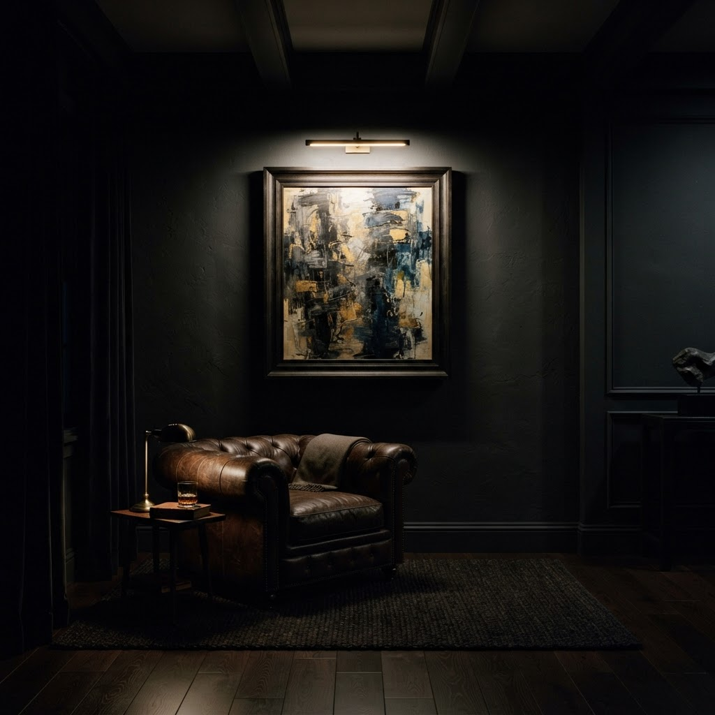 A private viewing room at Artscapy House with a single work presented under warm light